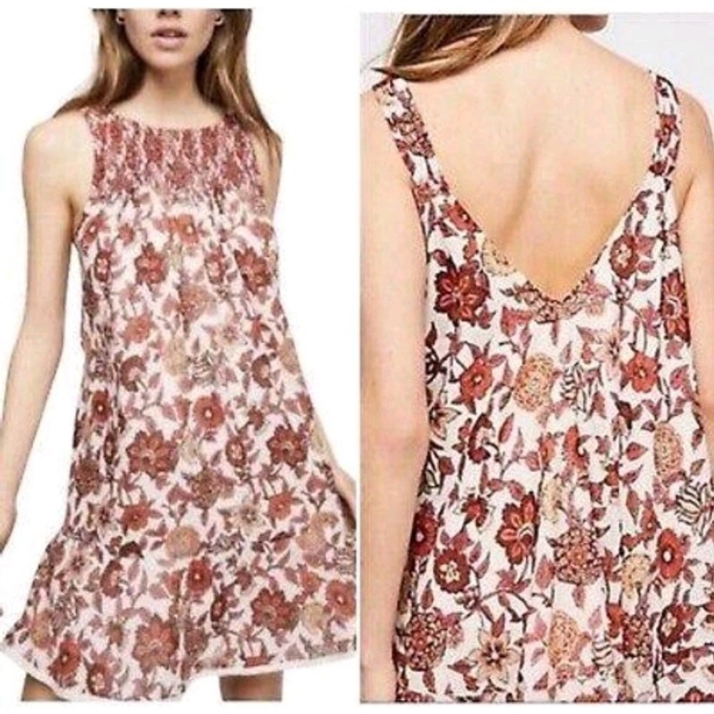 Free People Oh Baby Mini Dress Women's Sz S Flowy Floral Boho Lightweigh Brown